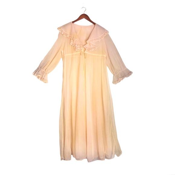 VTG 70s Sunset Ombre Sheer Mesh Ruffle Long Sleeve Lace Trim Duster Robe - Picture 1 of 8